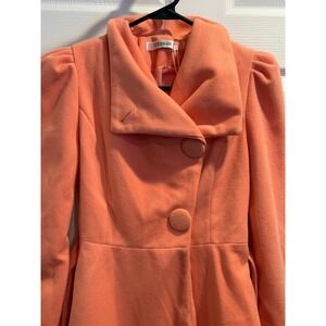 Korean Brand Coral Pink Puff Sleeve Peacoat with Oversized Collar and Belt